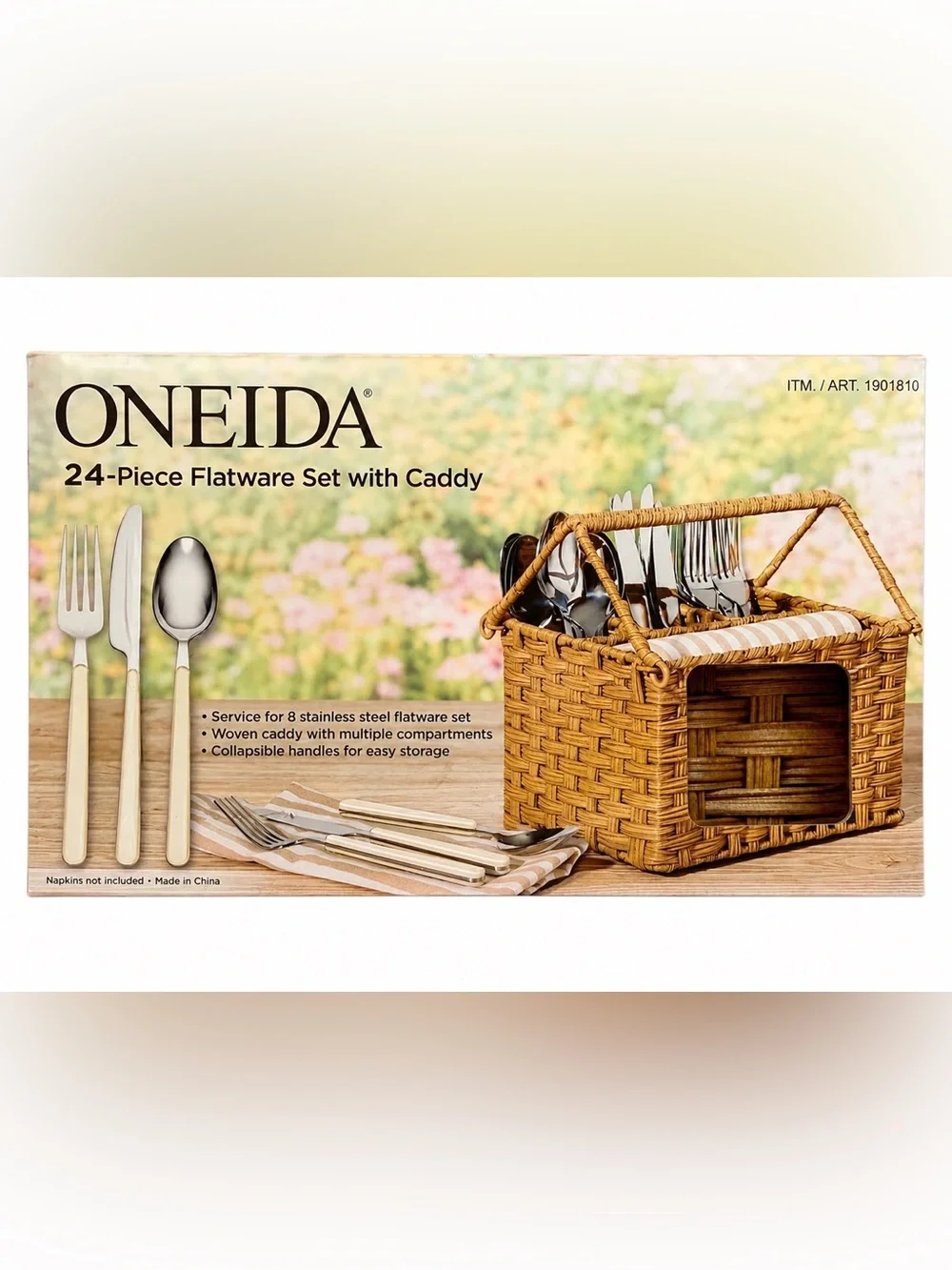 Oneida 24 Piece Flatware Set Service for 8 Woven Caddy Beige